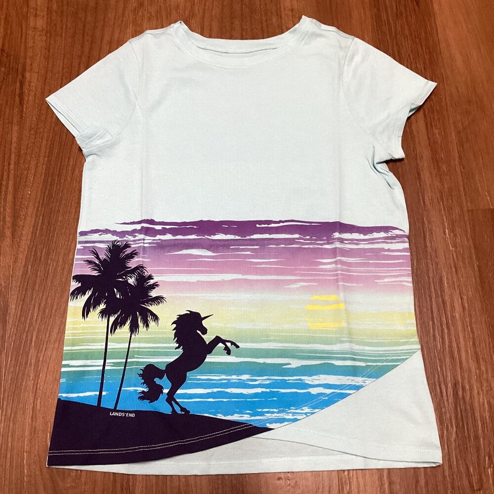 Girl's Lands End Size Large (10/12) Light Blue Unicorn T-Shirt